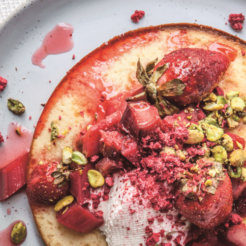 Rosewater Hotcakes With Roasted Rhubarb & Strawberry