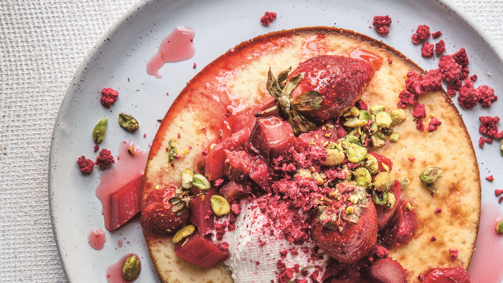 Rosewater Hotcakes With Roasted Rhubarb & Strawberry