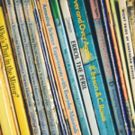 Children's books on a shelf