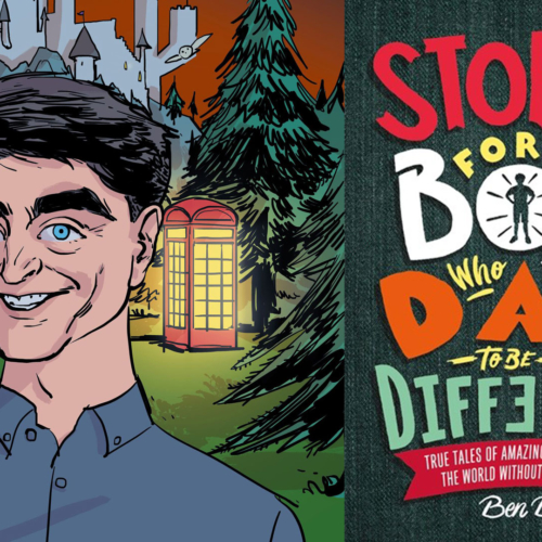 Illustration of Daniel Radcliffe and the Stories for Boys Who Dare to Be Different book jacket.